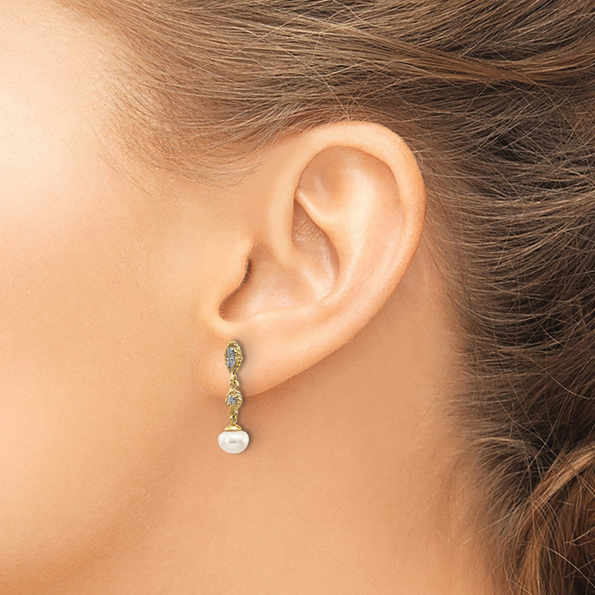 14k Yellow Gold Dangle Earrings with Cultured Pearl Drops and Accent Diamonds, Floral Design