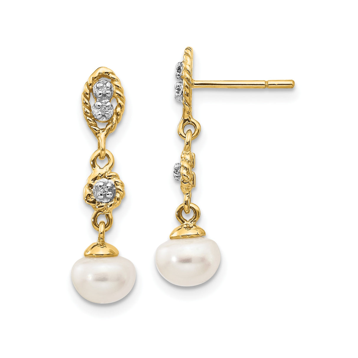14k Yellow Gold Dangle Earrings with Cultured Pearl Drops and Accent Diamonds, Floral Design