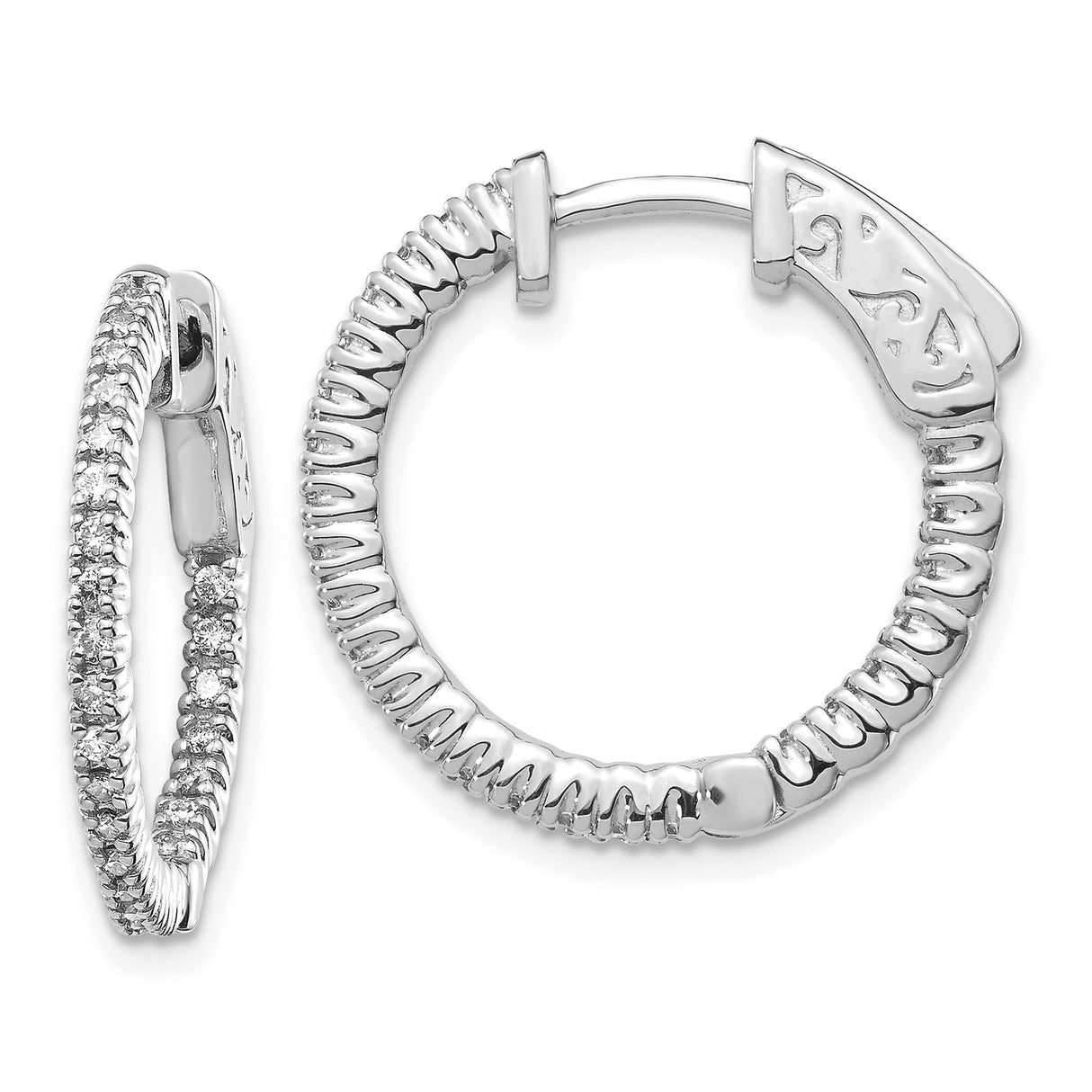 14k White Gold Hoop Earrings with Diamond Cut Texture, Polished Finish, Latch Back Closure