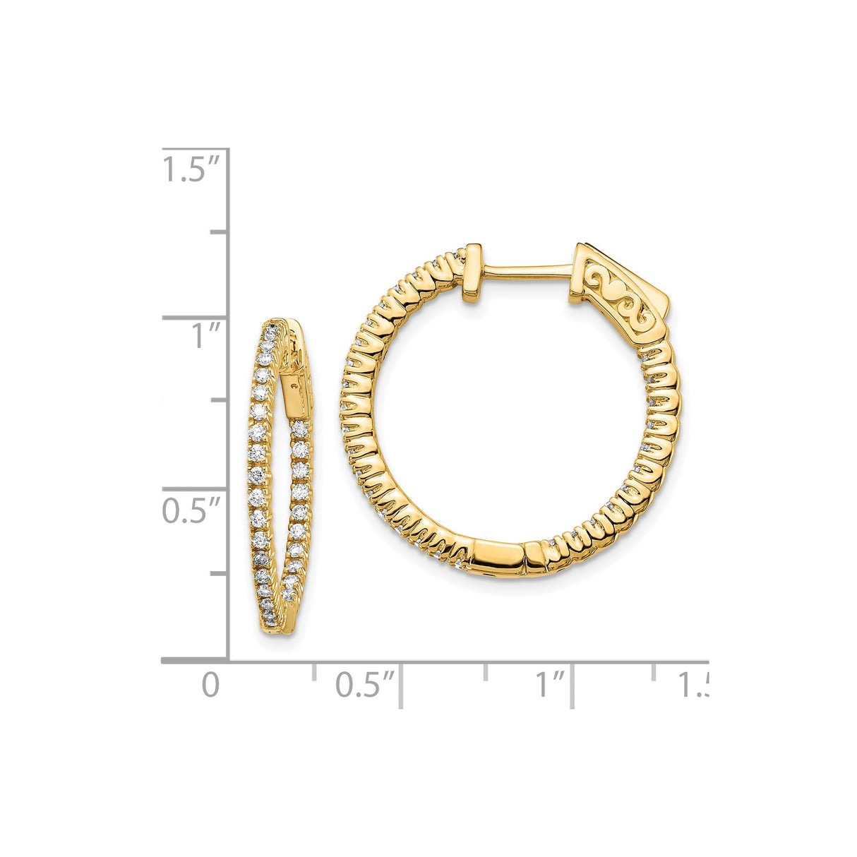 14k Yellow Gold Hoop Earrings with Diamond Accents, Ribbed Texture, Scrollwork Clasp