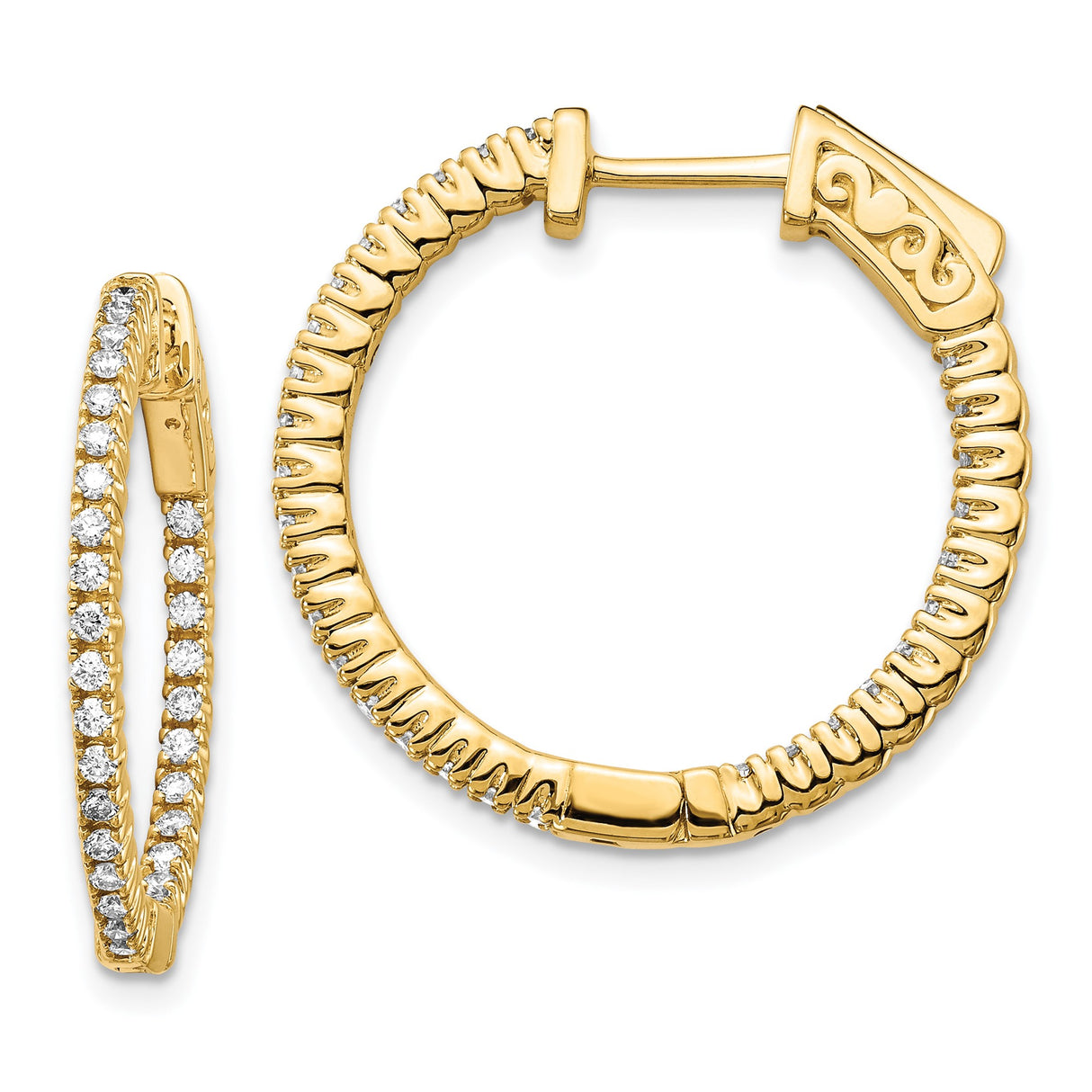 14k Yellow Gold Hoop Earrings with Diamond Accents, Ribbed Texture, Scrollwork Clasp