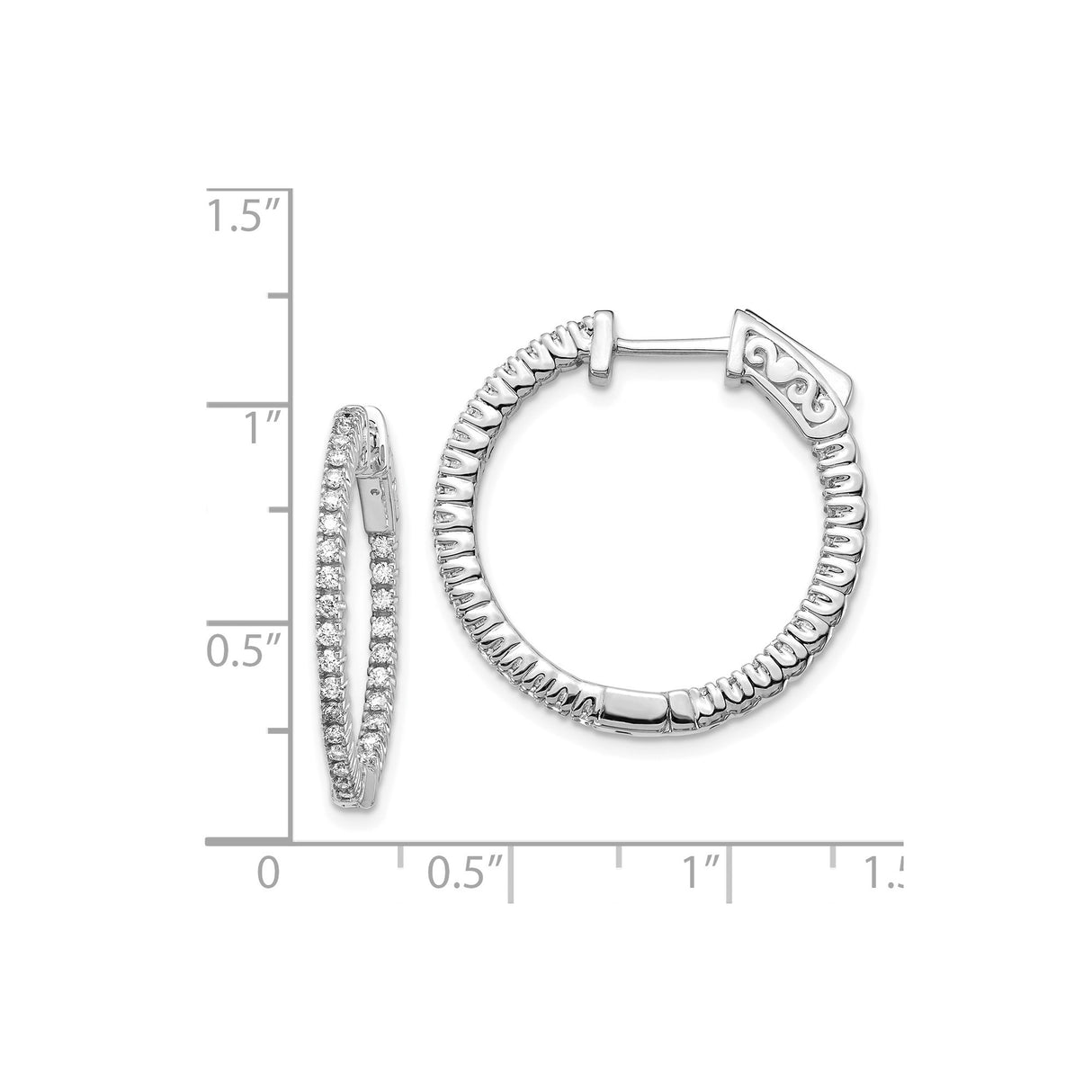 14k White Gold Hoop Earrings with Round Diamonds, Textured Back, Heart and Scroll Filigree