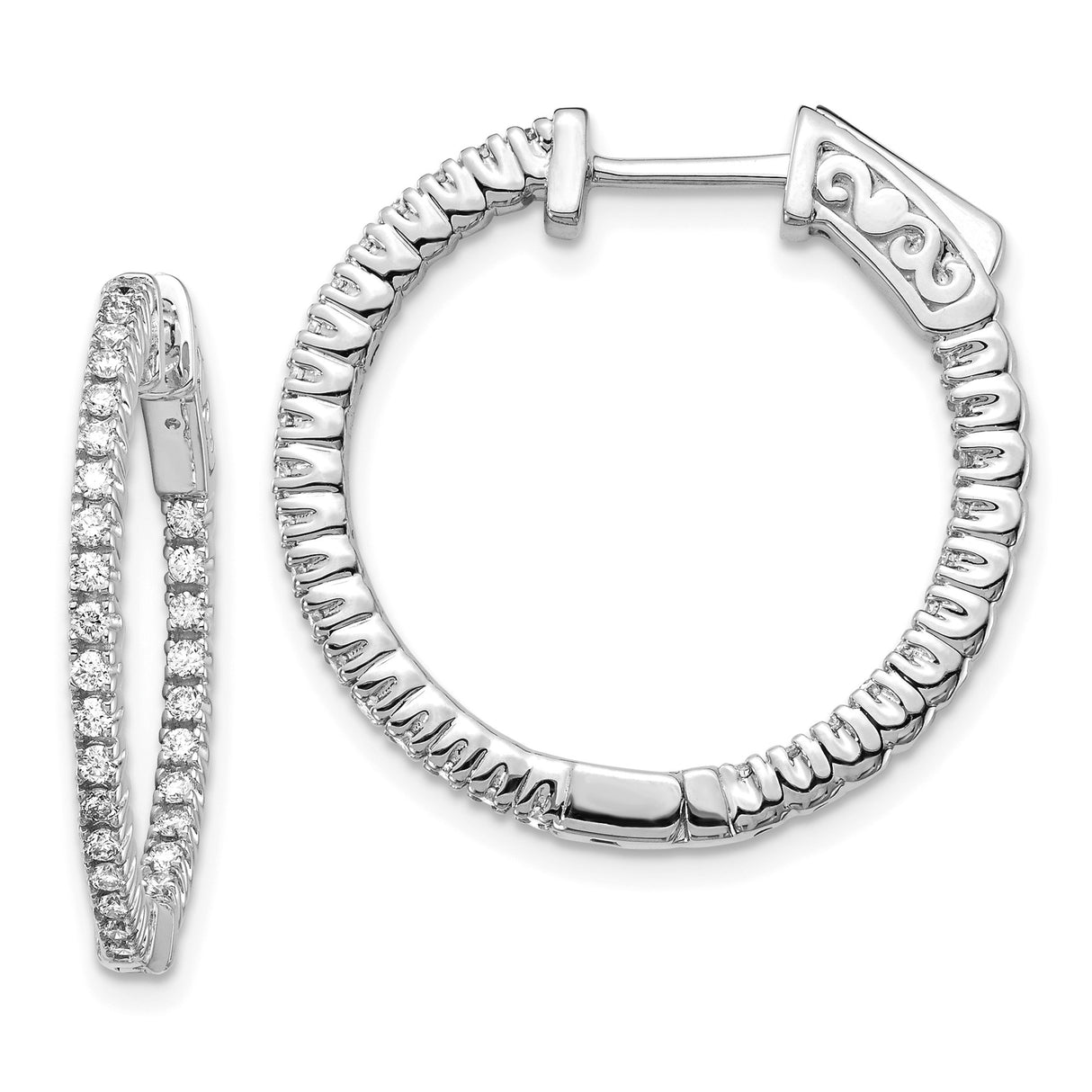14k White Gold Hoop Earrings with Round Diamonds, Textured Back, Heart and Scroll Filigree