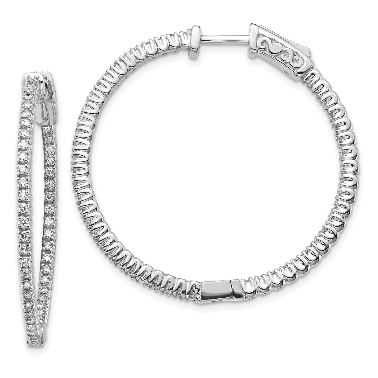 14k White Gold Hoop Earrings with Pavé Diamonds, Double Row Filigree Design