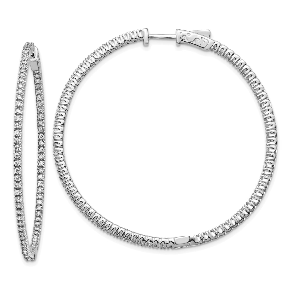 14k White Gold Hoop Earrings with Diamonds, Inside-Out Design, Latch Back Closure