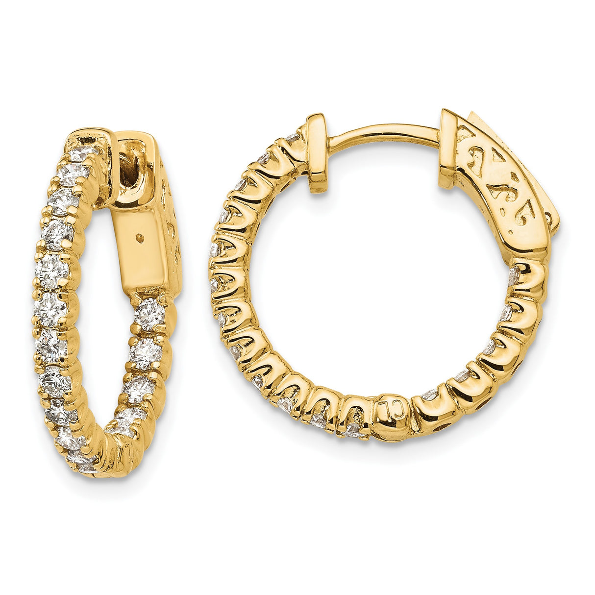 14k Yellow Gold Hoop Earrings with Round Diamonds and Hebrew Engraving, Faith Jewelry