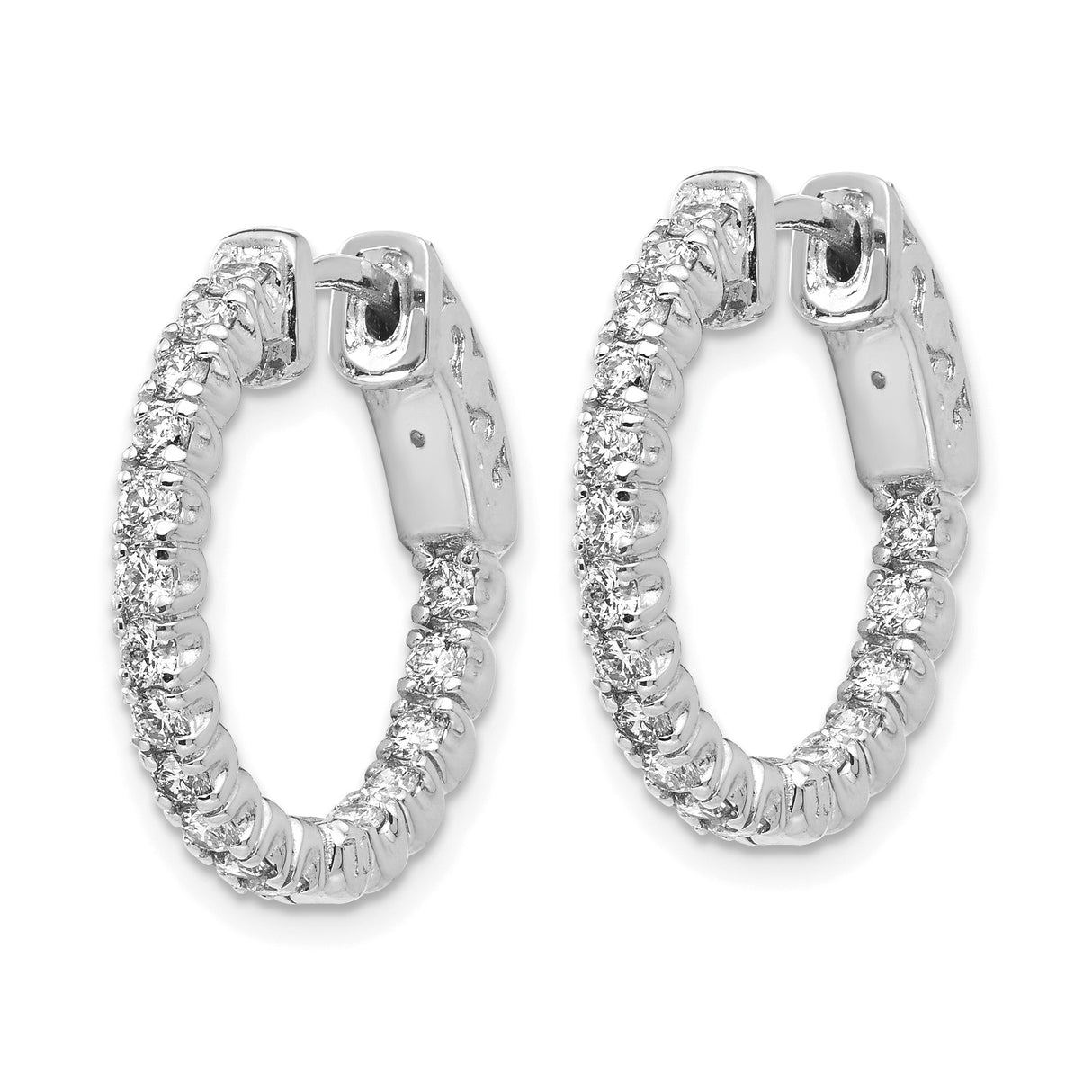 14k White Gold Hoop Earrings with Round Cut Diamonds, Hinged Closure, Polished Finish