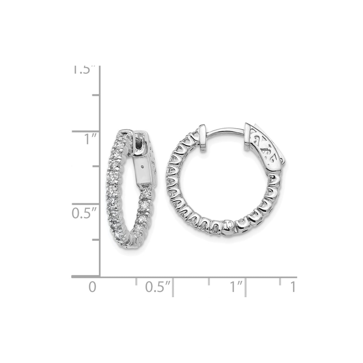 14k White Gold Hoop Earrings with Round Cut Diamonds, Hinged Closure, Polished Finish