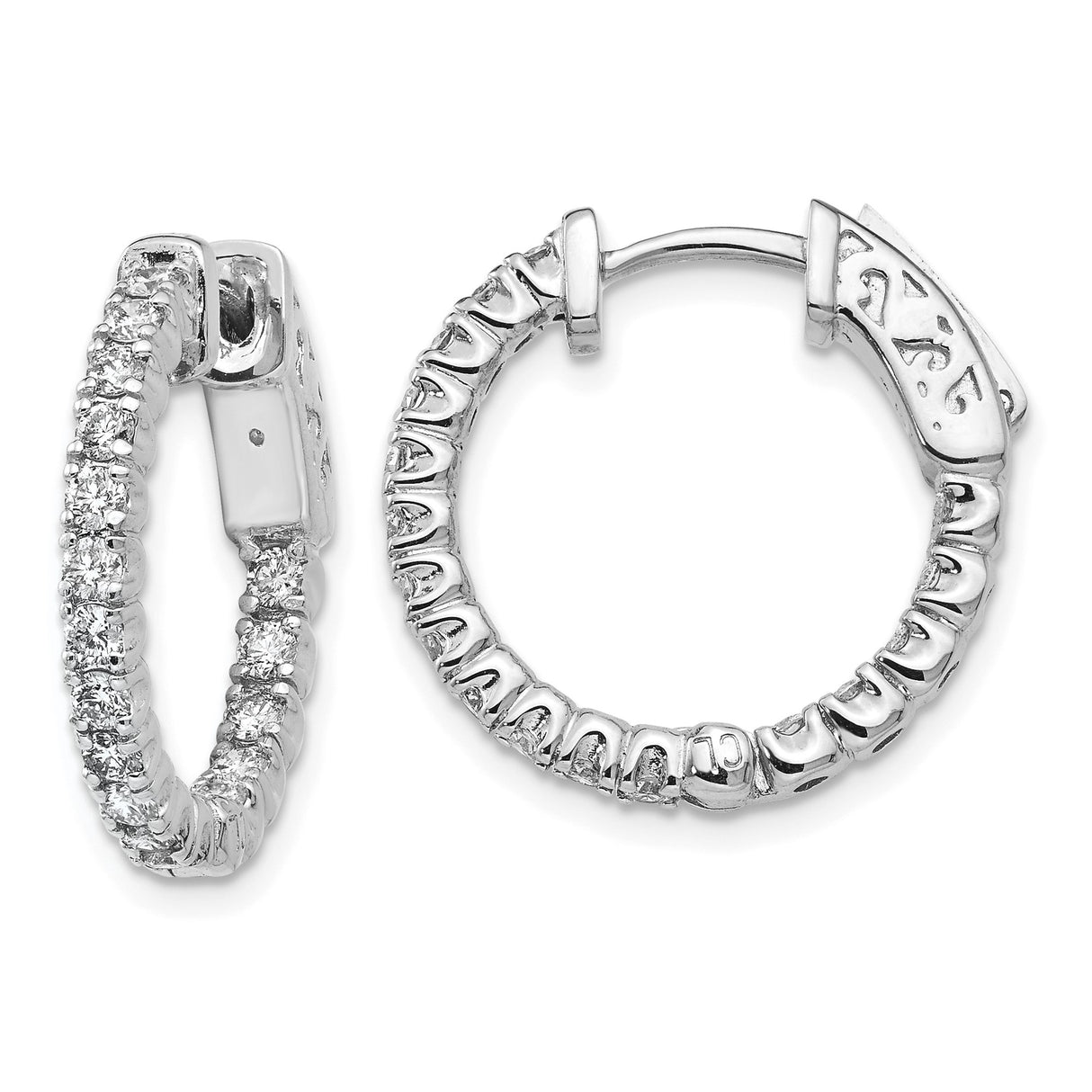 14k White Gold Hoop Earrings with Round Cut Diamonds, Hinged Closure, Polished Finish