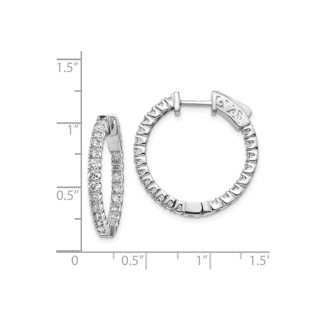 14k White Gold Hoop Earrings with Round Cut Diamonds in Shared Prong Setting