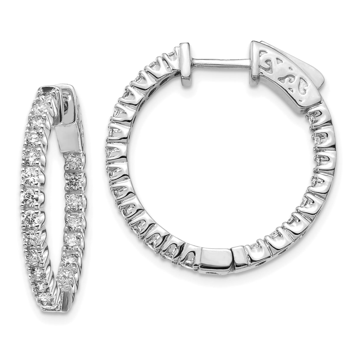 14k White Gold Hoop Earrings with Round Cut Diamonds in Shared Prong Setting