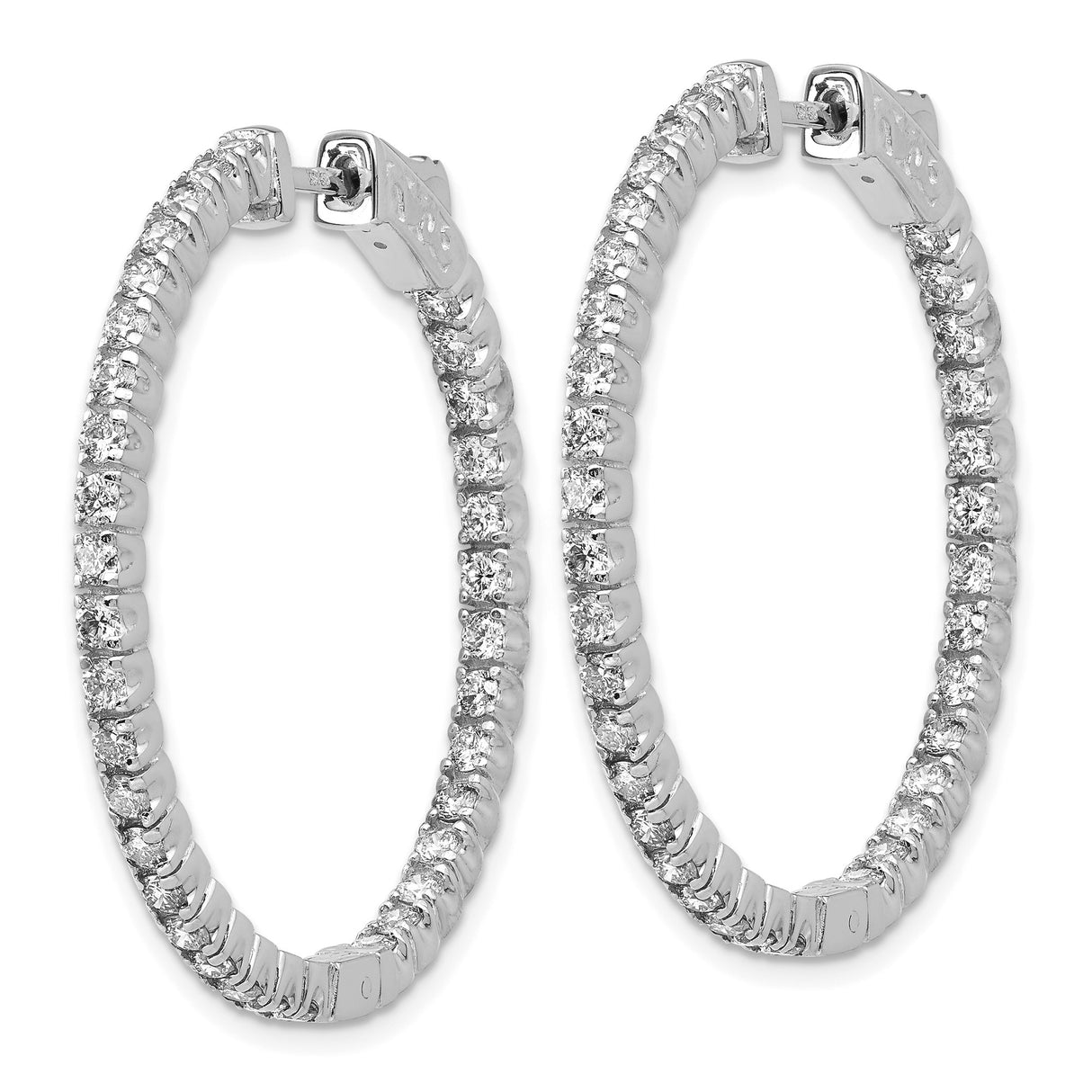14k White Gold Diamond Hoop Earrings, Round Cut Prong Set, Continuous Design