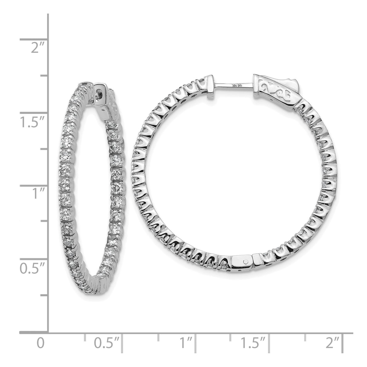14k White Gold Diamond Hoop Earrings, Round Cut Prong Set, Continuous Design