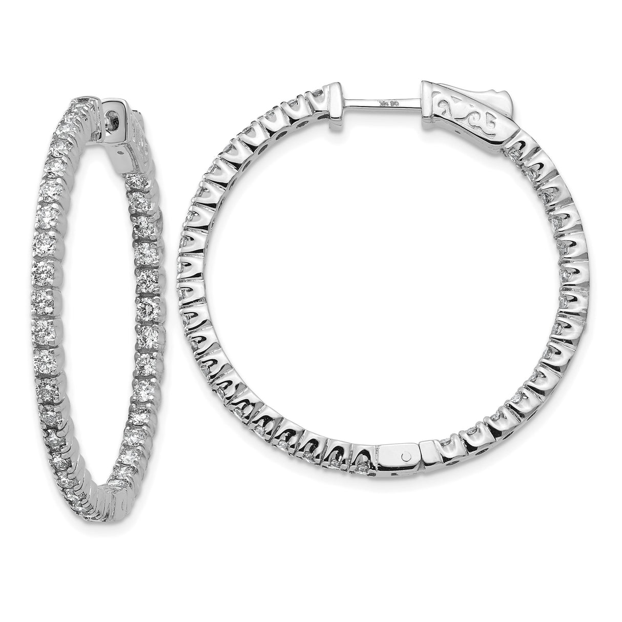 14k White Gold Diamond Hoop Earrings, Round Cut Prong Set, Continuous Design