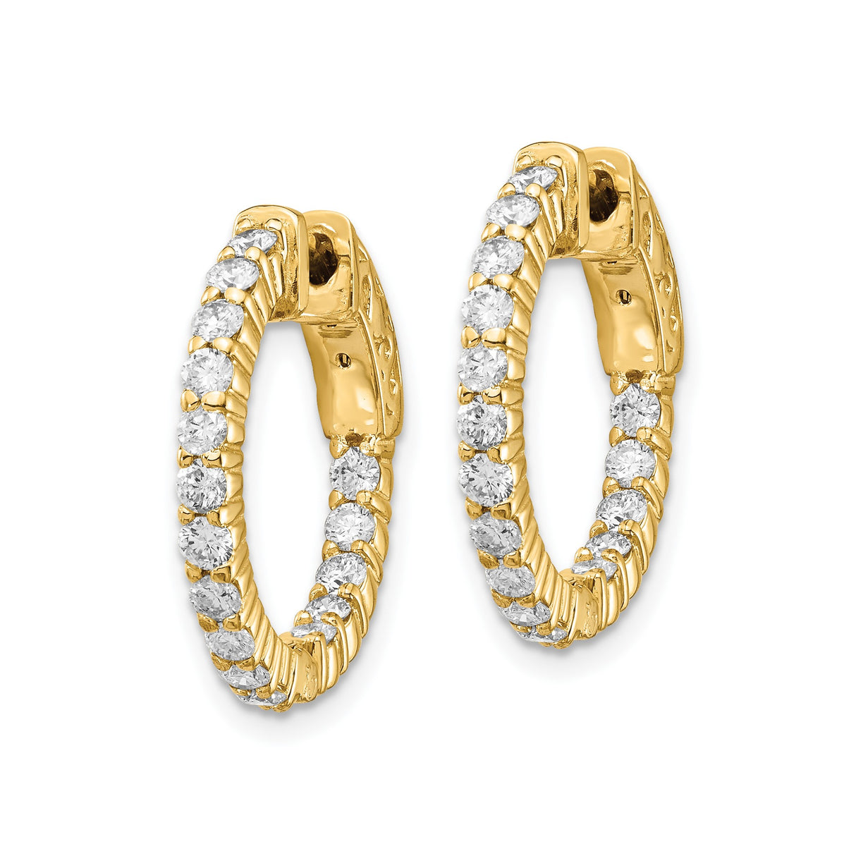 14k Yellow Gold Hoop Earrings with Round Cut Diamonds, Ridged Texture, Cutout Clasp Design