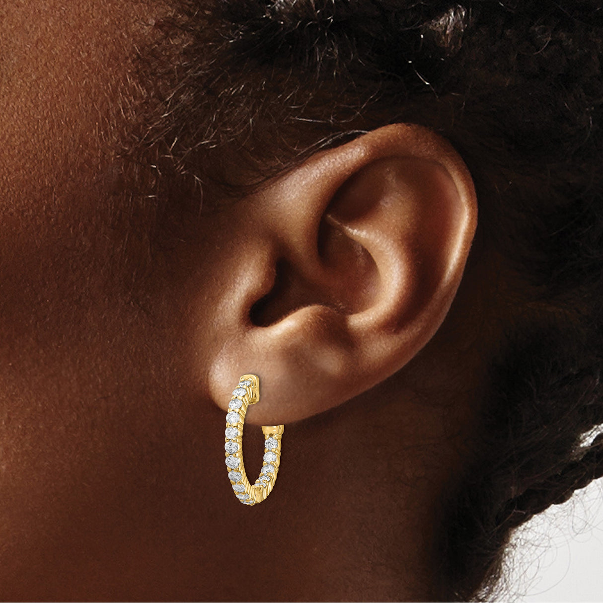 14k Yellow Gold Hoop Earrings with Round Cut Diamonds, Ridged Texture, Cutout Clasp Design