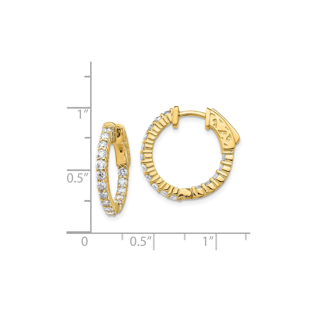 14k Yellow Gold Hoop Earrings with Round Cut Diamonds, Ridged Texture, Cutout Clasp Design