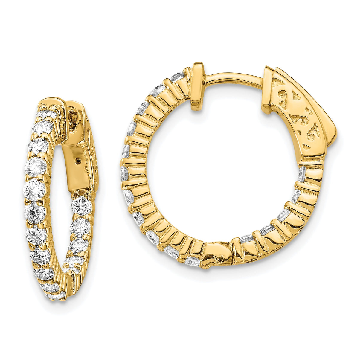 14k Yellow Gold Hoop Earrings with Round Cut Diamonds, Ridged Texture, Cutout Clasp Design