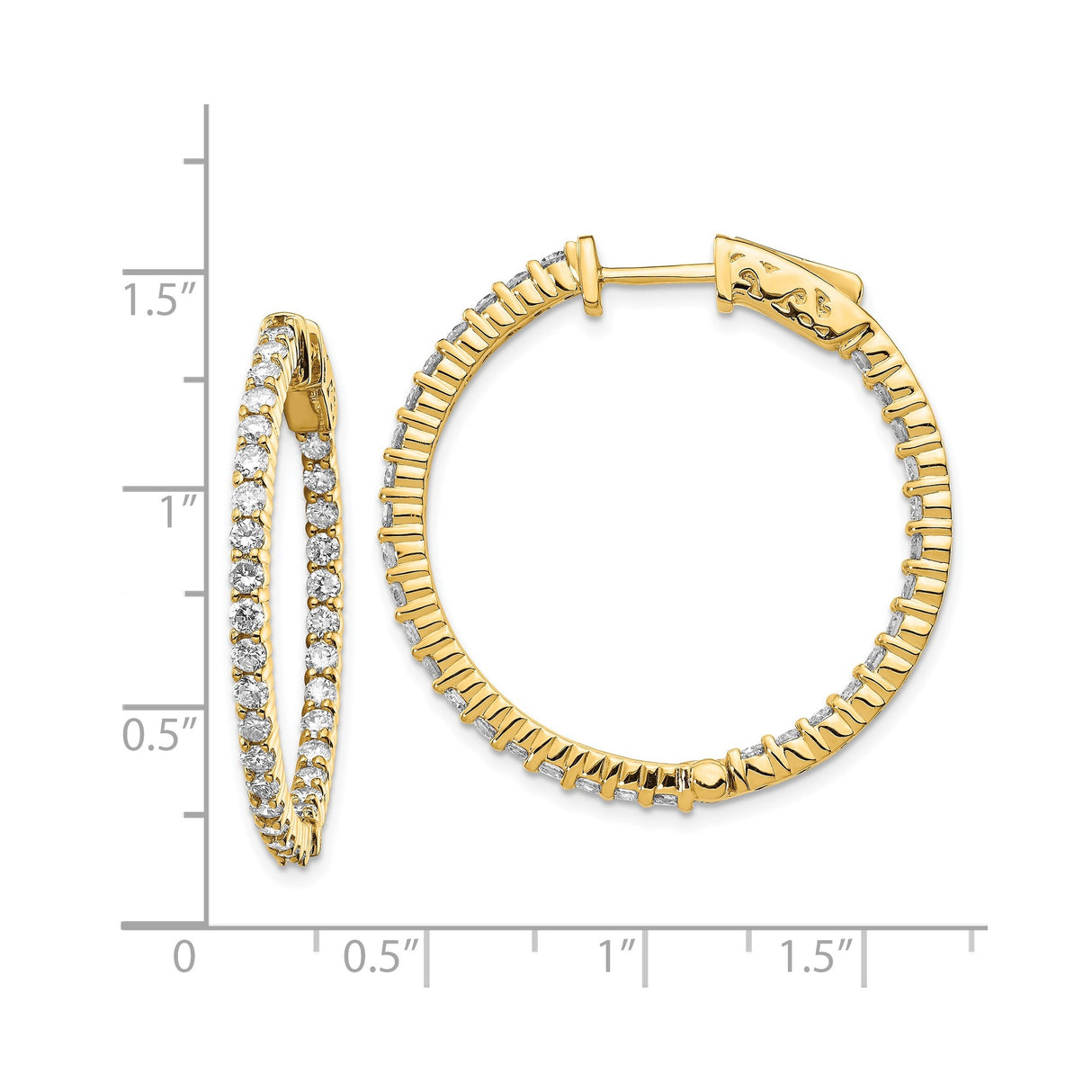 14k Yellow Gold Inside Out Hoop Earrings with Round Cut Diamonds, Secure Latch Back Closure