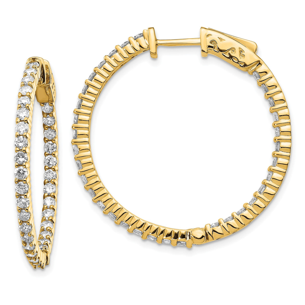 14k Yellow Gold Inside Out Hoop Earrings with Round Cut Diamonds, Secure Latch Back Closure