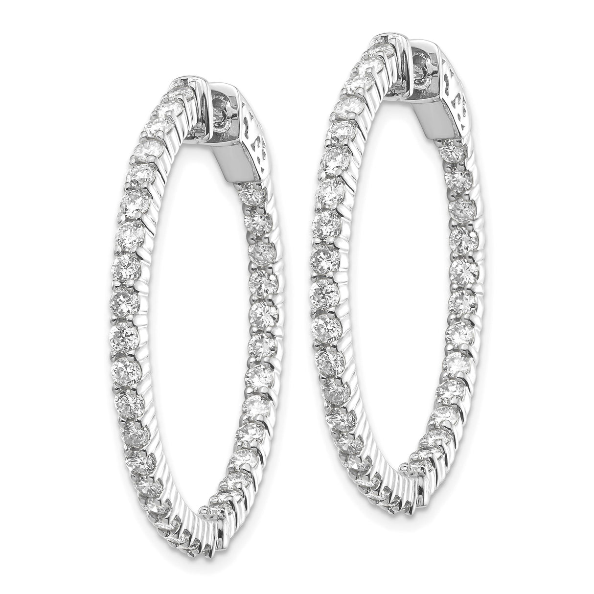 14k White Gold Hoop Earrings with Round Cut Diamonds, Inside-Out Shared Prong Setting