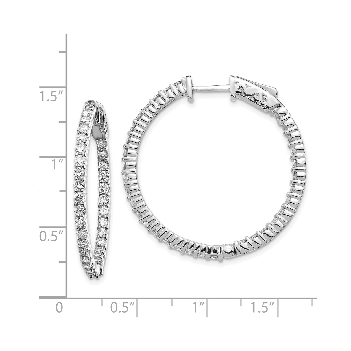 14k White Gold Hoop Earrings with Round Cut Diamonds, Inside-Out Shared Prong Setting
