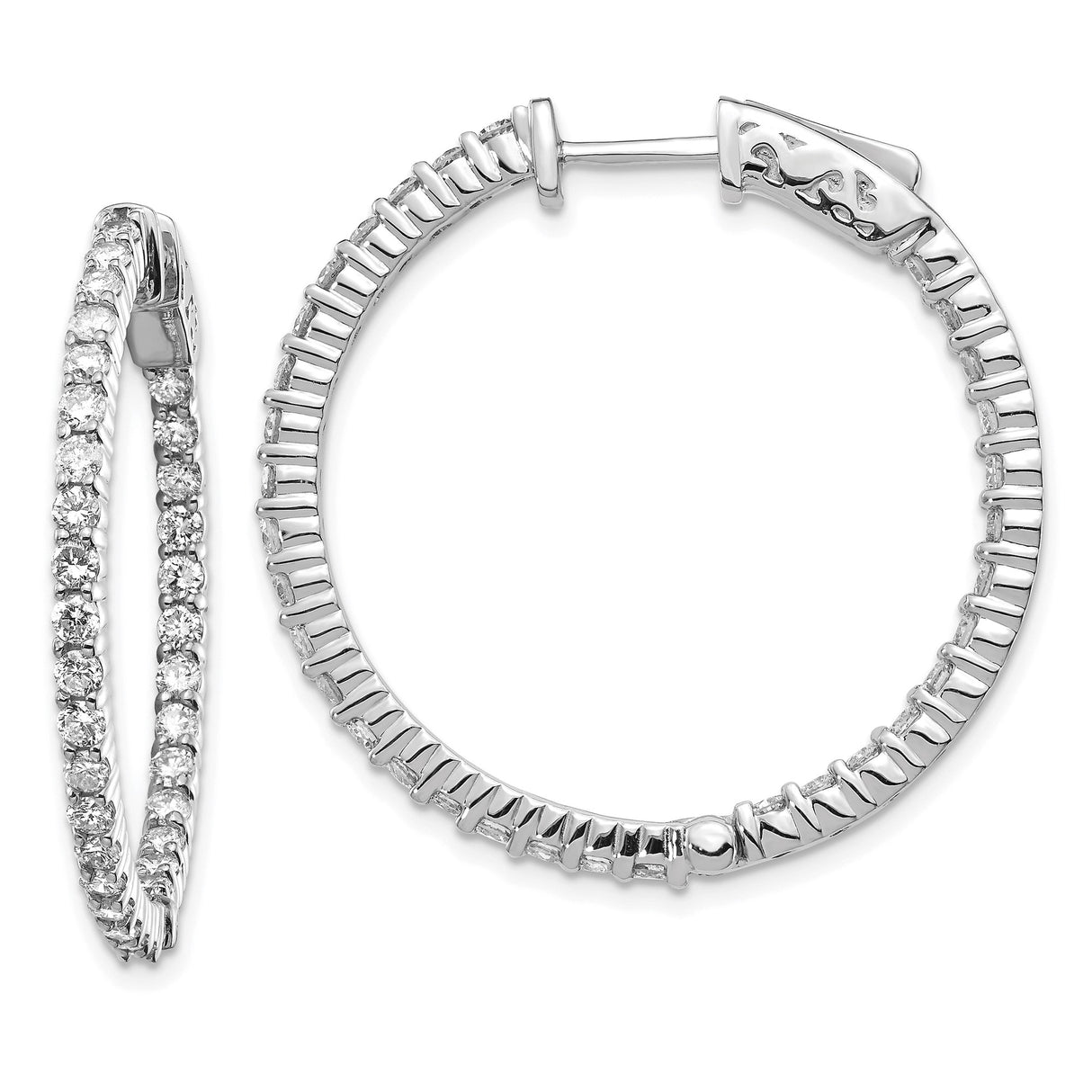14k White Gold Hoop Earrings with Round Cut Diamonds, Inside-Out Shared Prong Setting