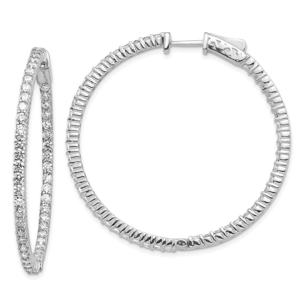14k White Gold Hoop Earrings with Round Cut Diamonds in Prong Setting