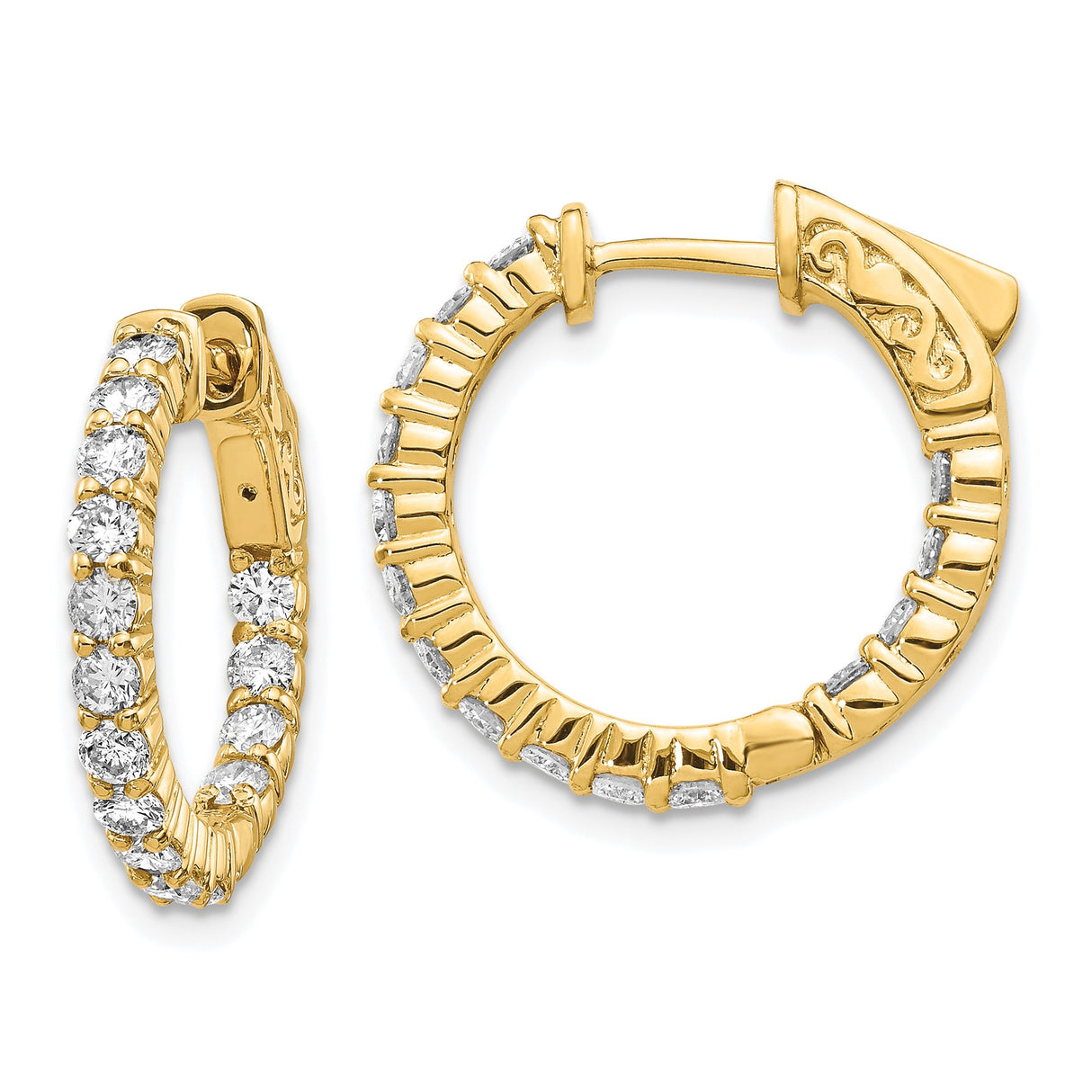 14k Yellow Gold Hoop Earrings with Diamond Cut Finish and Scroll Design