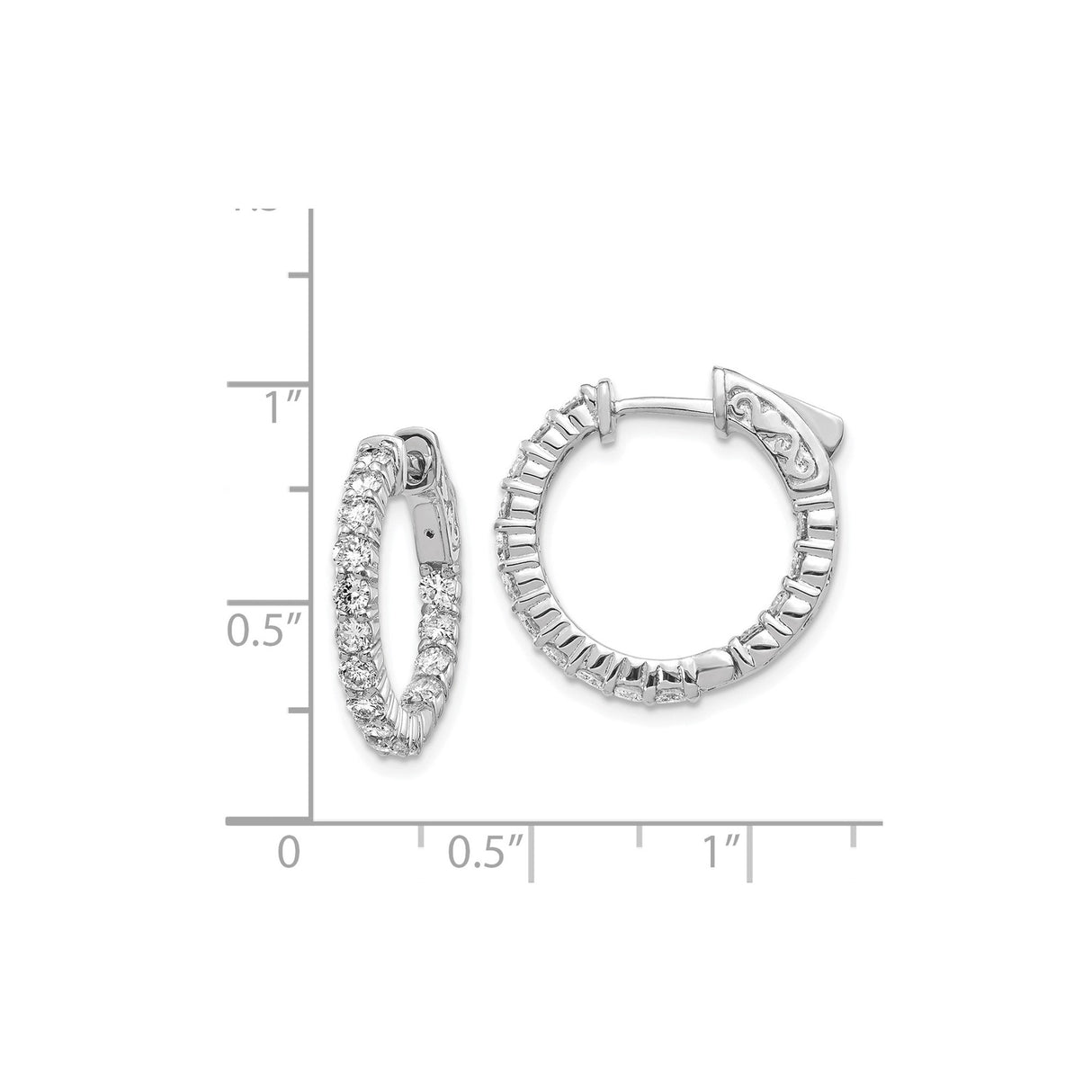 14k White Gold Diamond Hoop Earrings with Scroll Detail and Hinged Clasp