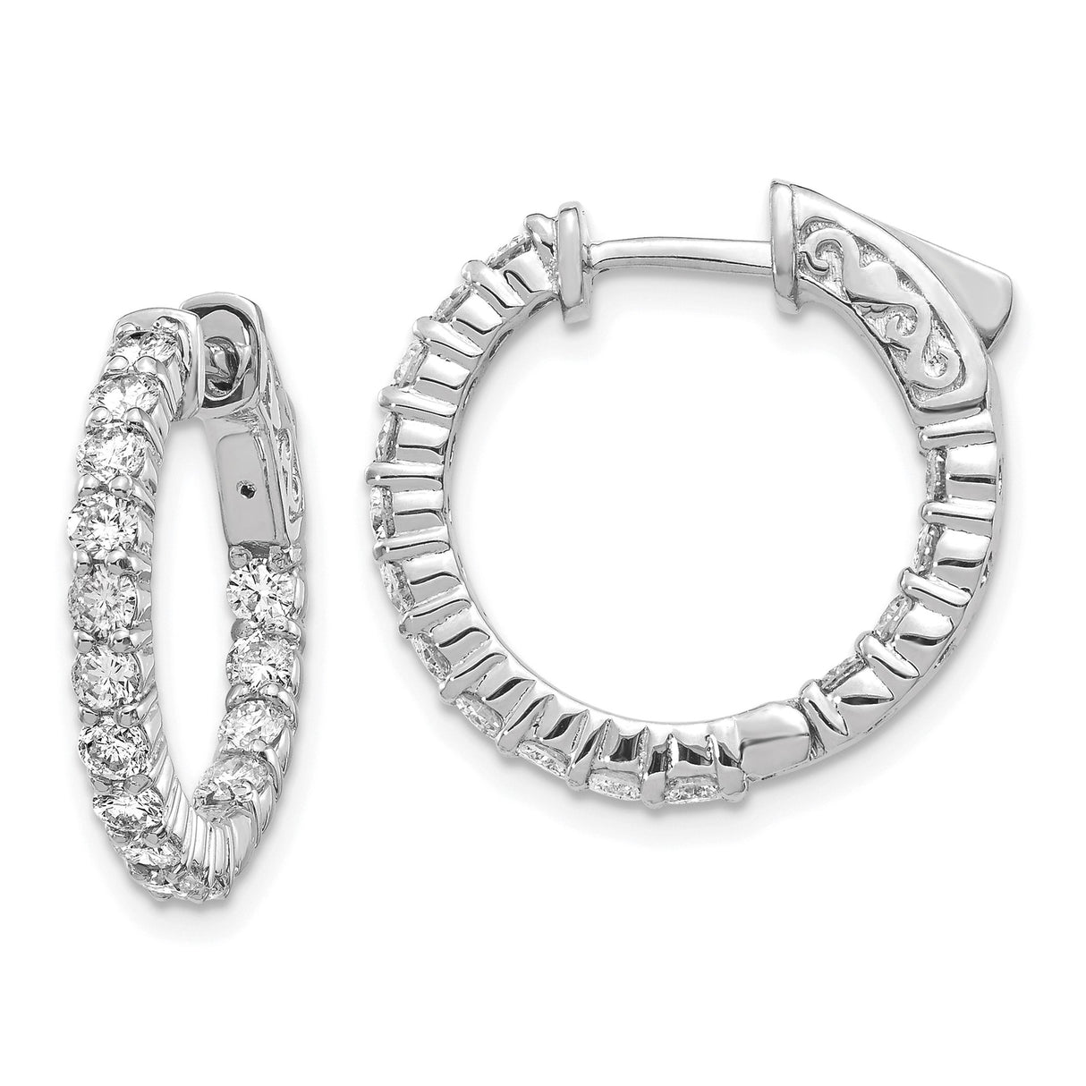 14k White Gold Diamond Hoop Earrings with Scroll Detail and Hinged Clasp