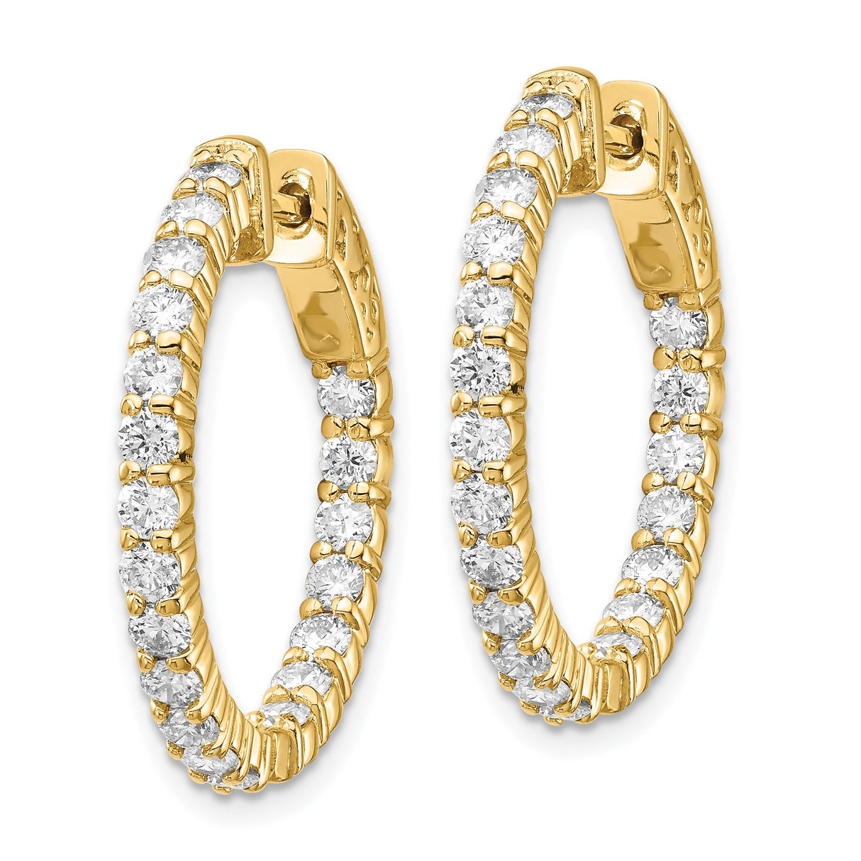 14k Yellow Gold Hoop Earrings with Round Cut Diamond in Prong Setting, Inside-Out Style