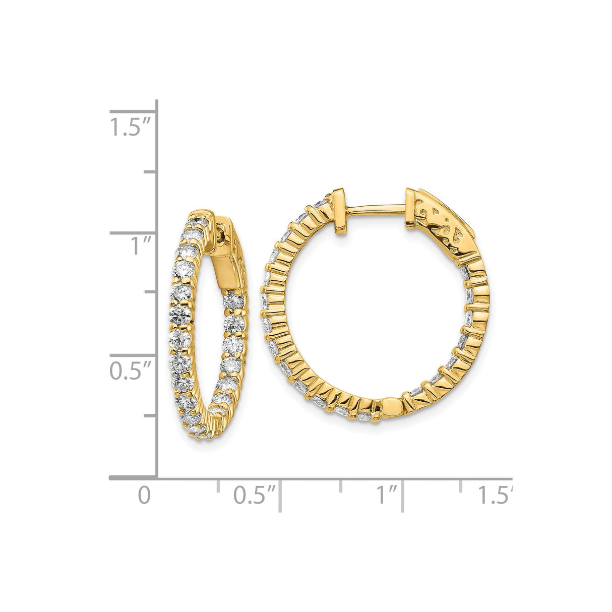 14k Yellow Gold Hoop Earrings with Round Cut Diamond in Prong Setting, Inside-Out Style