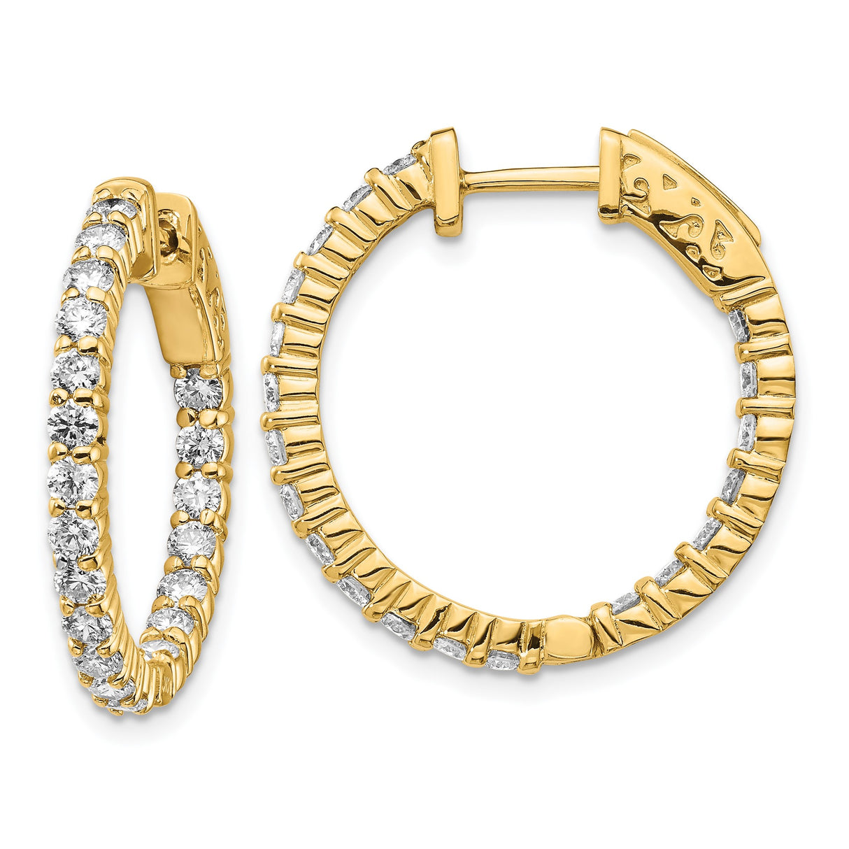 14k Yellow Gold Hoop Earrings with Round Cut Diamond in Prong Setting, Inside-Out Style