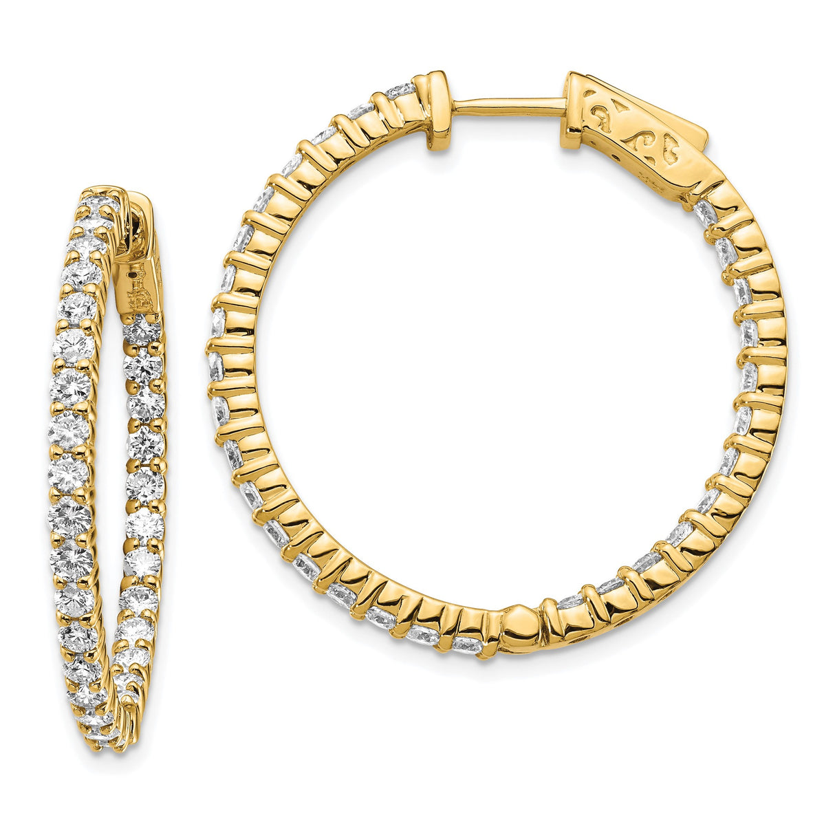 14k Yellow Gold Hoop Earrings with Diamond Cut Design and Prong Set Cubic Zirconia