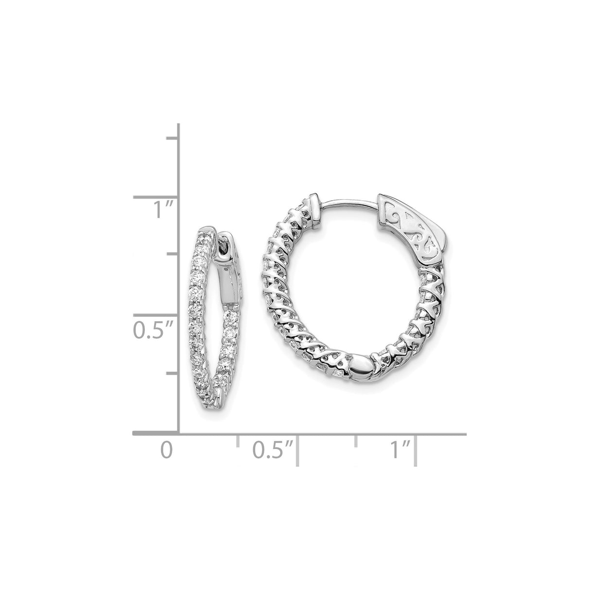 14k White Gold Hoop Earrings with Diamond Cut Design and Crisscross Scrollwork Pattern
