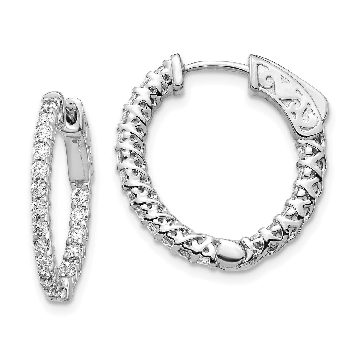 14k White Gold Hoop Earrings with Diamond Cut Design and Crisscross Scrollwork Pattern