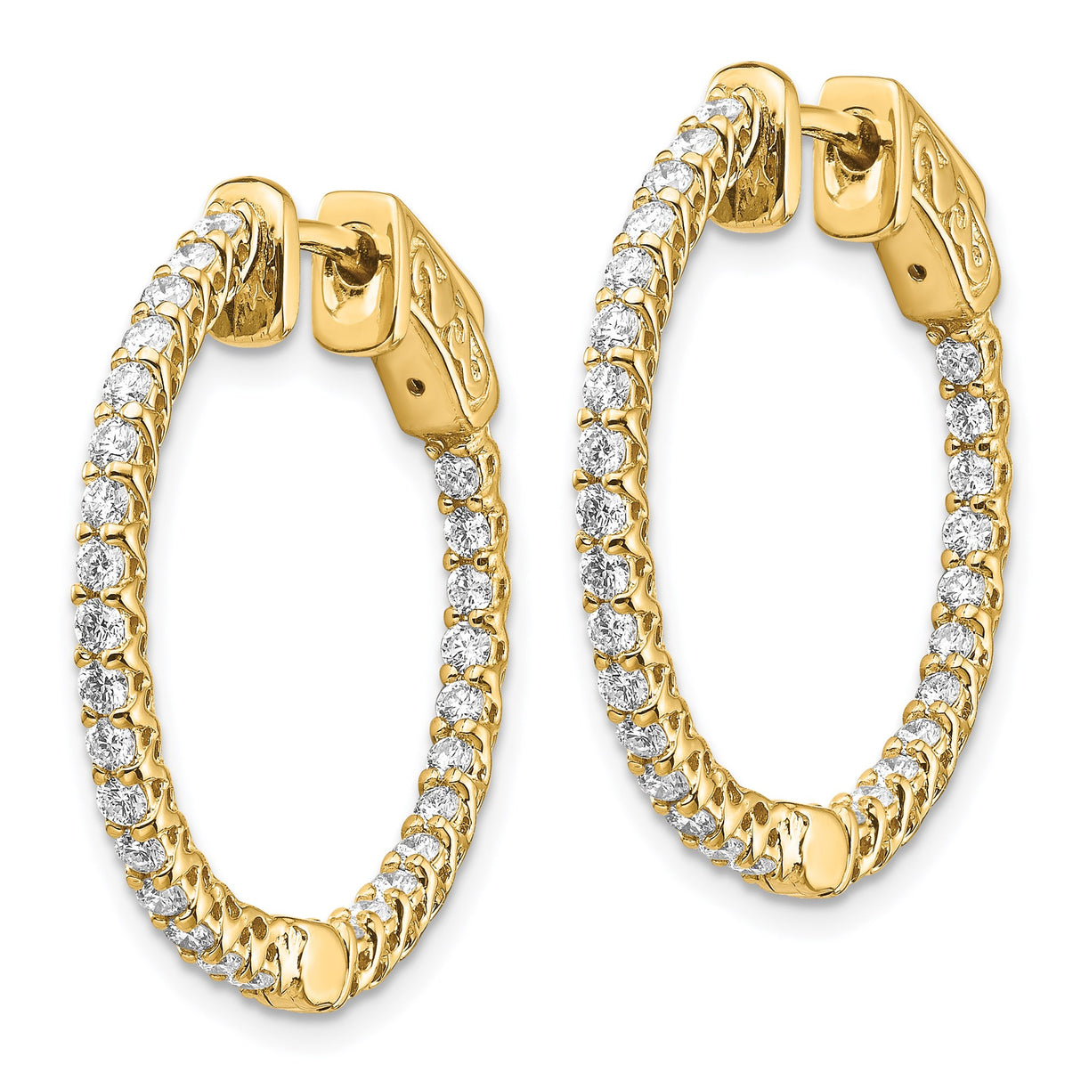 14k Yellow Gold Hoop Earrings with Prong Set Round Diamonds and Cutout Back Design