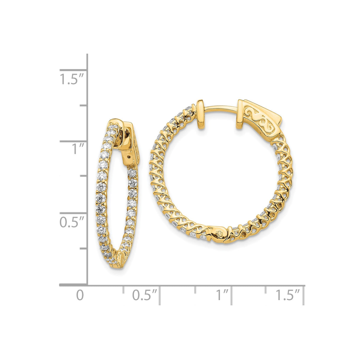 14k Yellow Gold Hoop Earrings with Prong Set Round Diamonds and Cutout Back Design