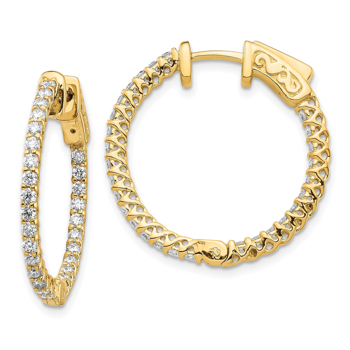 14k Yellow Gold Hoop Earrings with Prong Set Round Diamonds and Cutout Back Design