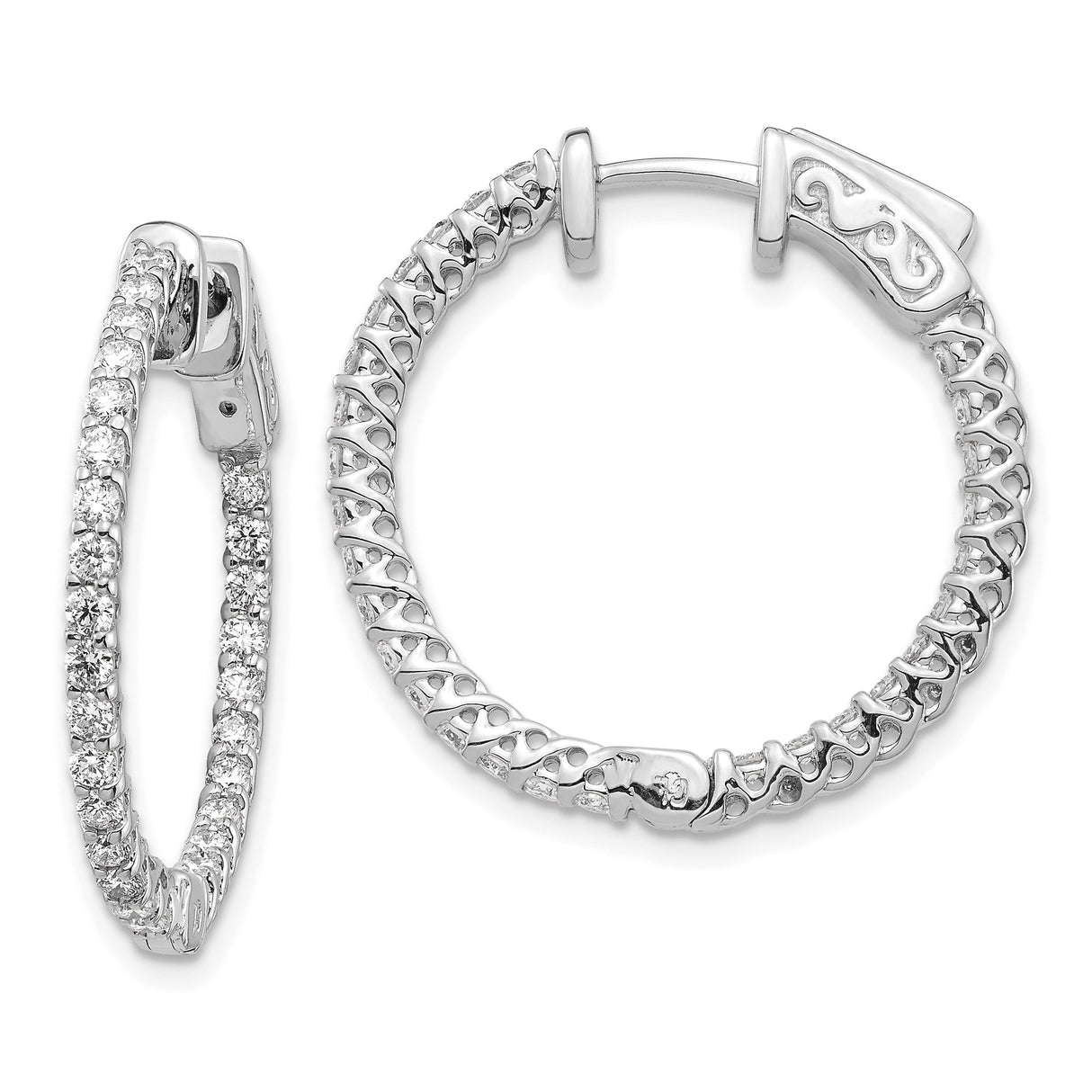 14k White Gold Diamond Hoop Earrings with Openwork Design and Latch Back Closure