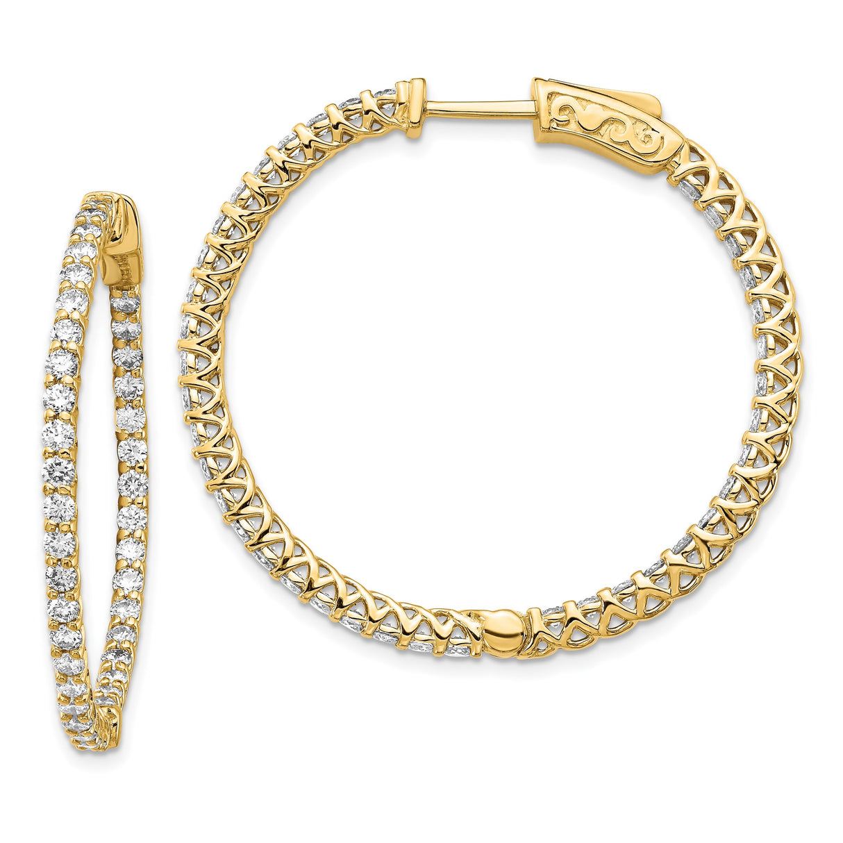 14k Yellow Gold Hoop Earrings with Round White Diamonds and Lattice Design for Women