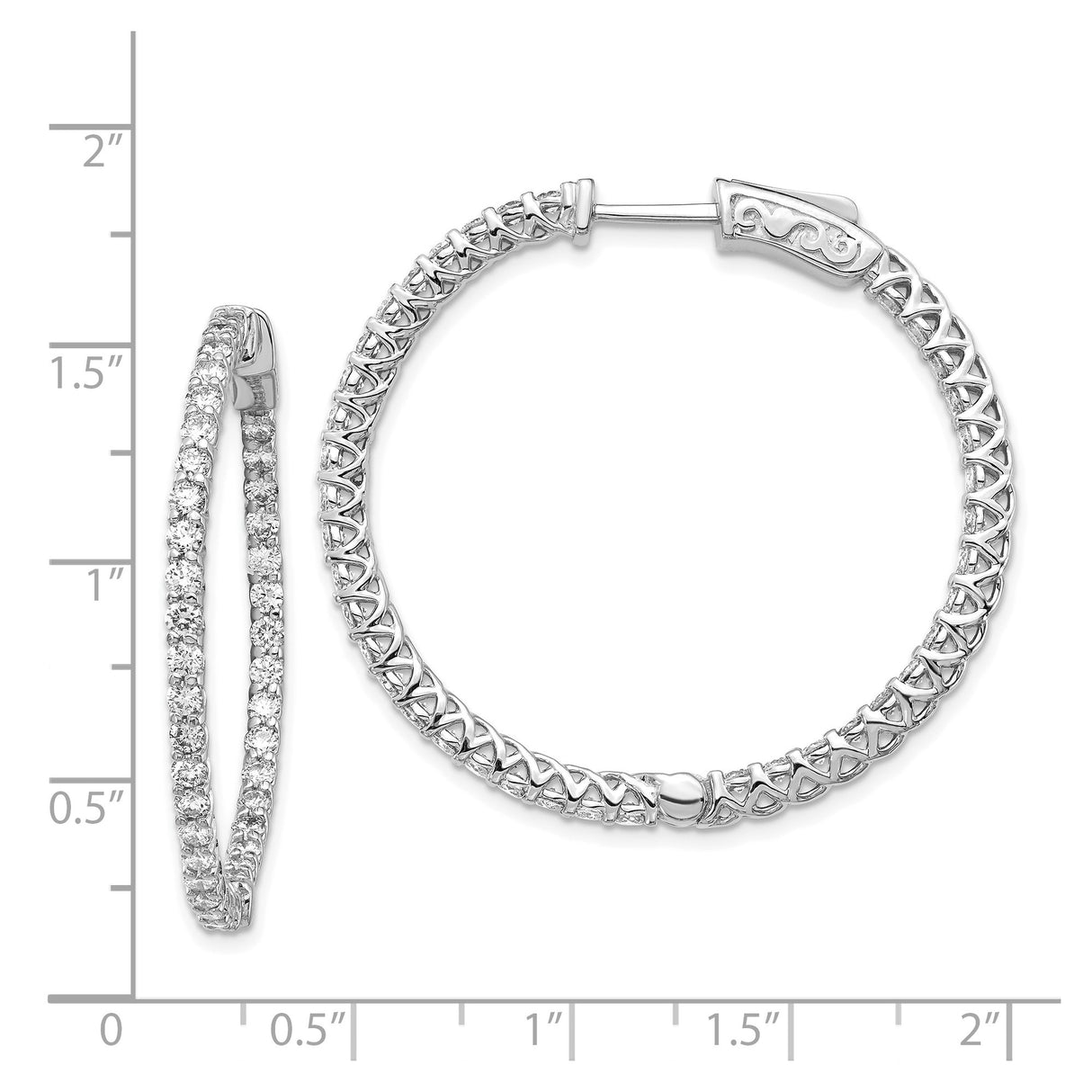14k White Gold Hoop Earrings with Round Cut Diamonds and Lattice Pattern Design