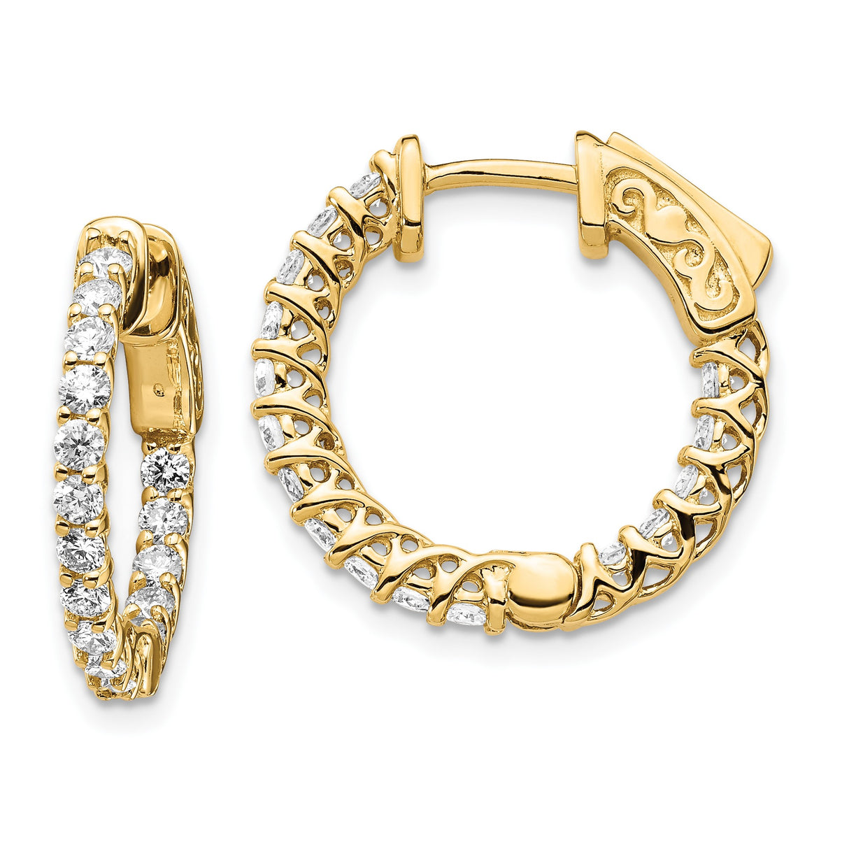 14k Yellow Gold Hoop Earrings with Round Cut Cubic Zirconia, Inside-Out Lattice Design