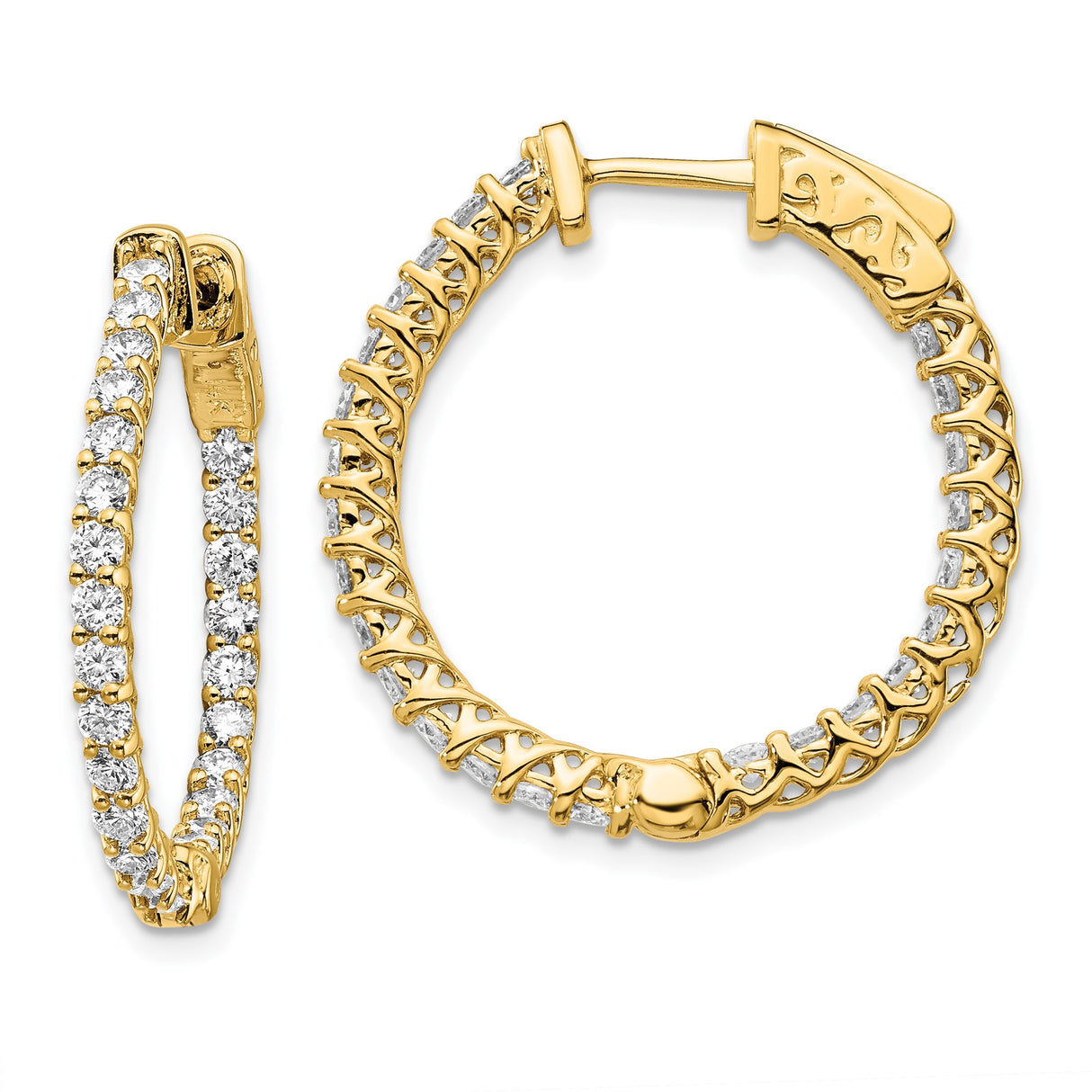 14k Yellow Gold Hoop Earrings with Cubic Zirconia, Inside-Out Design, Filigree Lattice Back