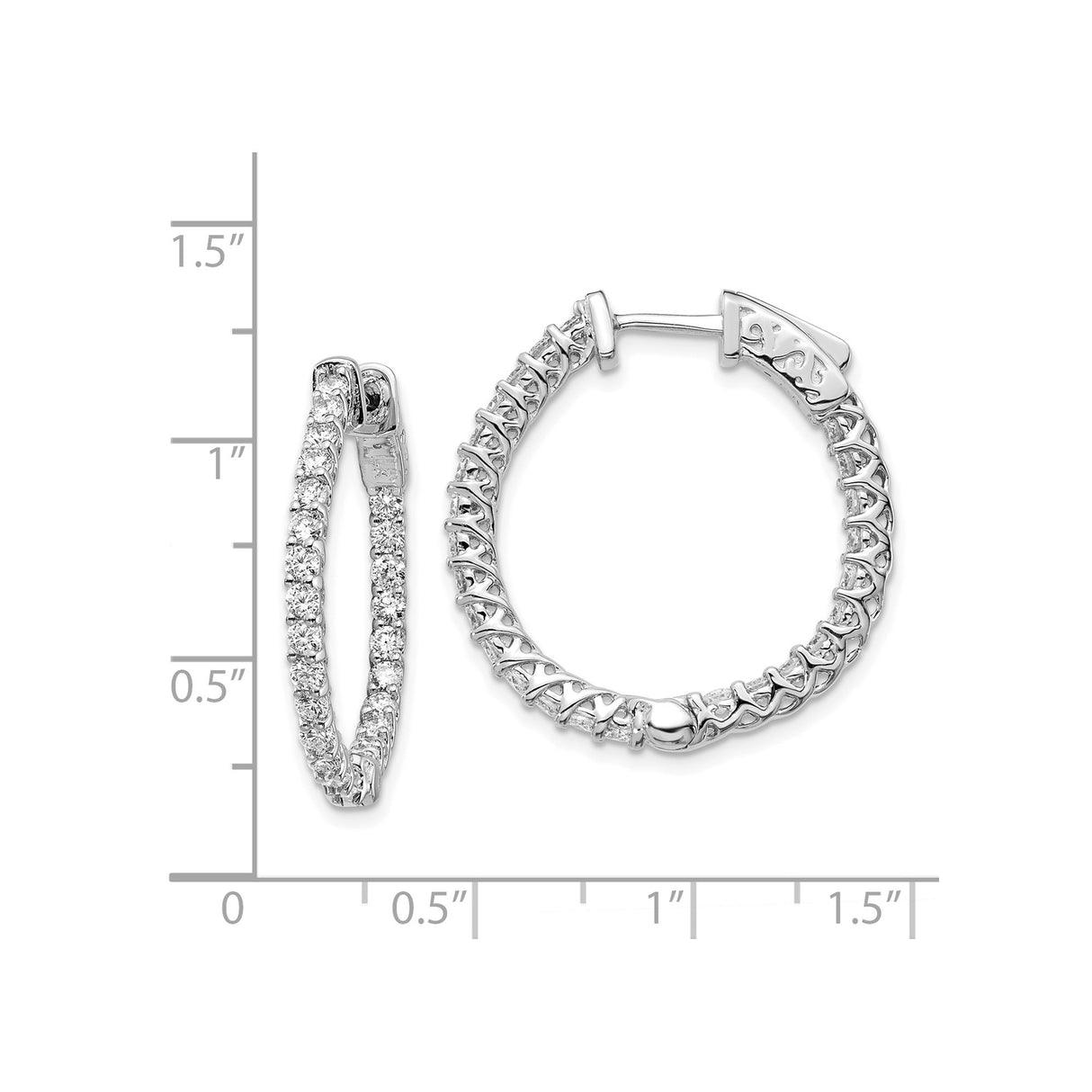 14k White Gold Hoop Earrings with Prong Set Round Cut Diamonds, Classic Inside-Out Style