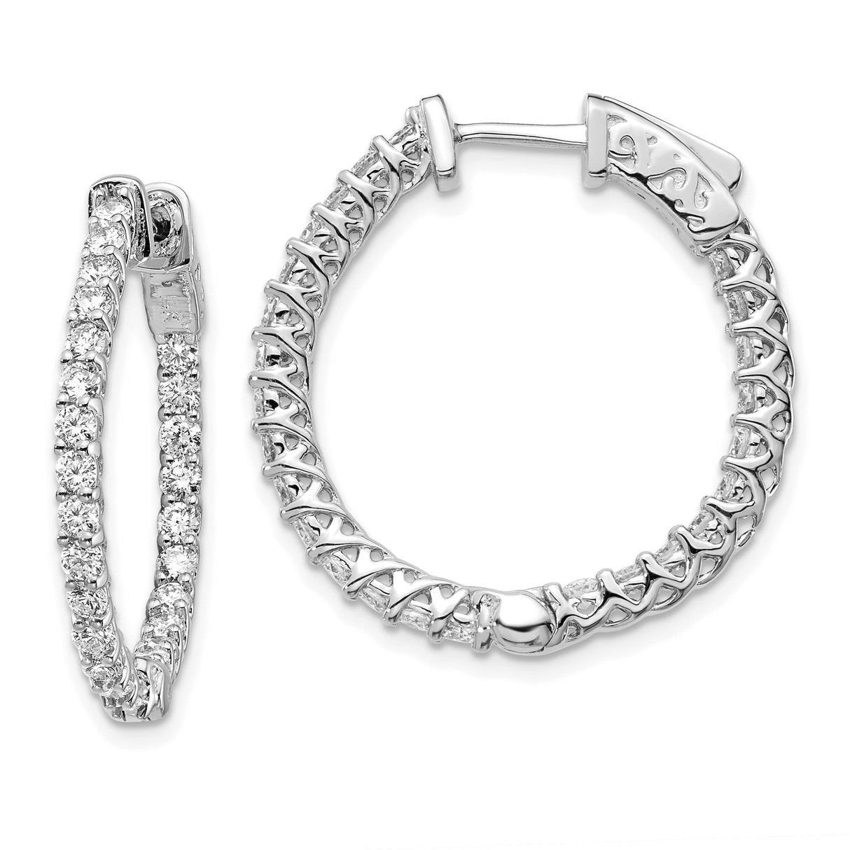 14k White Gold Hoop Earrings with Prong Set Round Cut Diamonds, Classic Inside-Out Style