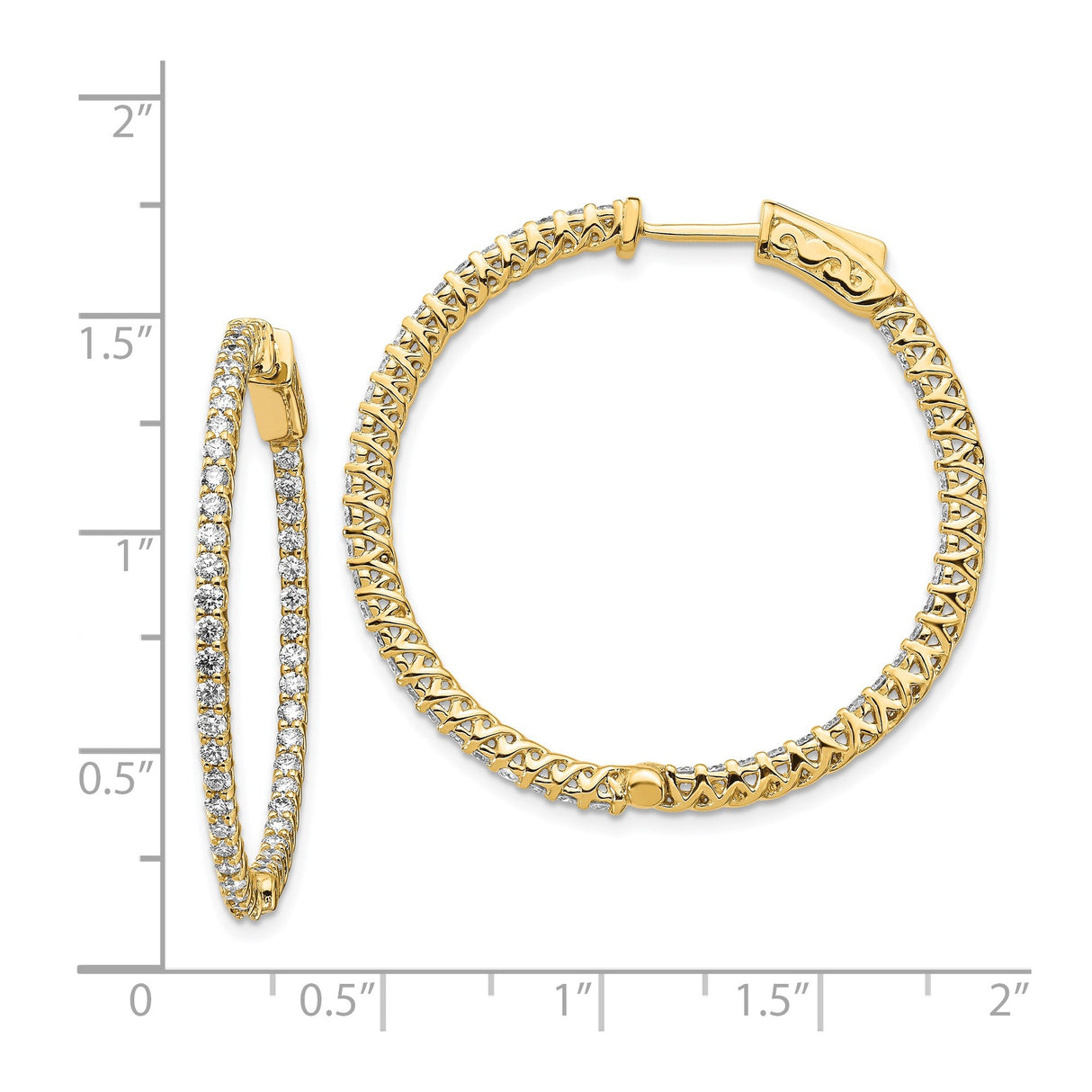14k Yellow Gold Hoop Earrings with Round Cut Diamonds, Inside-Out Design, Secure Clasp