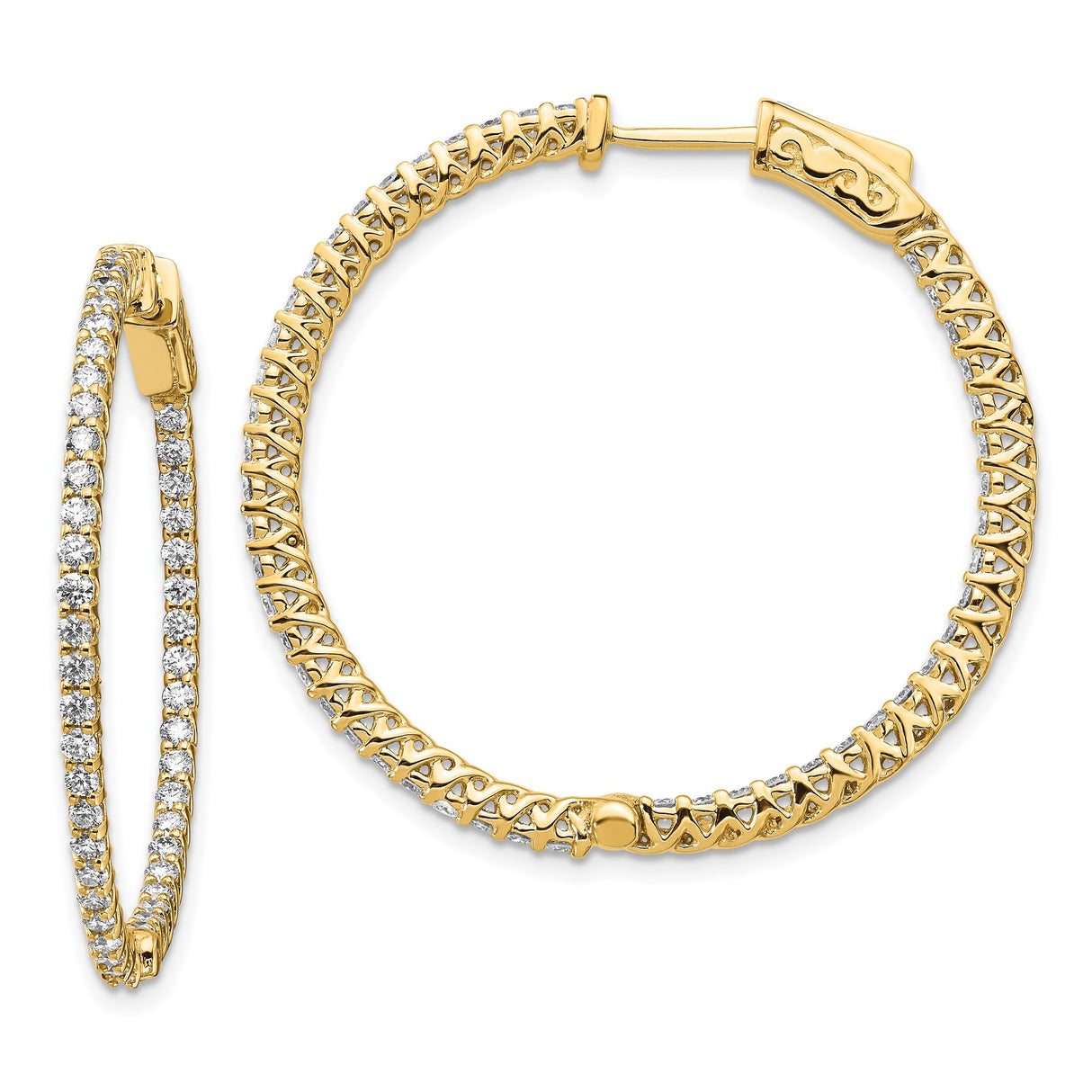 14k Yellow Gold Hoop Earrings with Round Cut Cubic Zirconia, Inside-Out Design, Secure Clasp