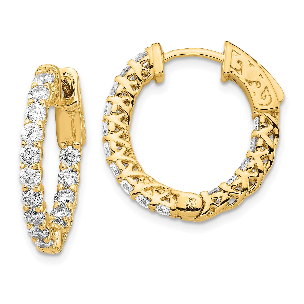 14k Yellow Gold Hoop Earrings with Diamond Prong Setting and Crisscross Lattice Design